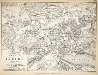Carte de la bataille de Zurich, publiée par William Blackwood et Sons, Édimbourg et Londres, 1848